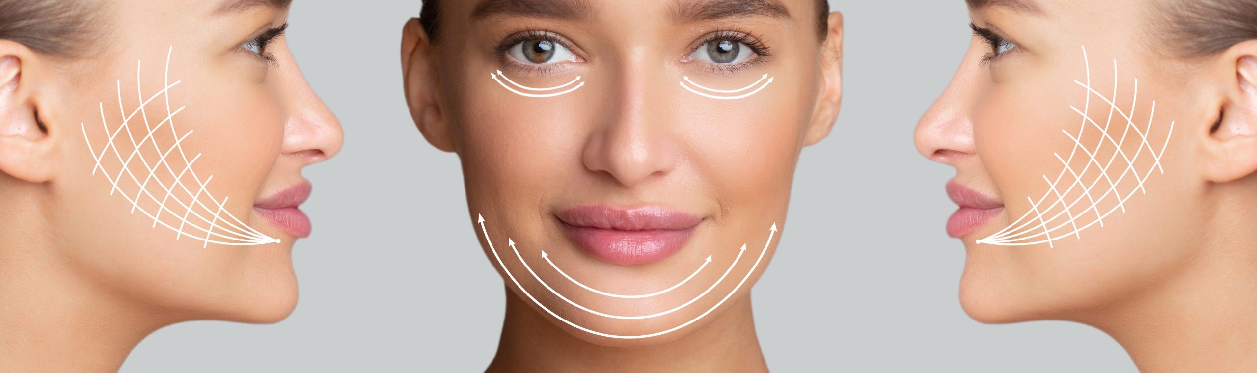 Cosmetology,Concept.,Collage,Of,Side,And,Front,View,Portrait,Of COSMETISCHE BINDWEEFSELMASSAGE VOOR HET GEZICHT Klinica Health Elements