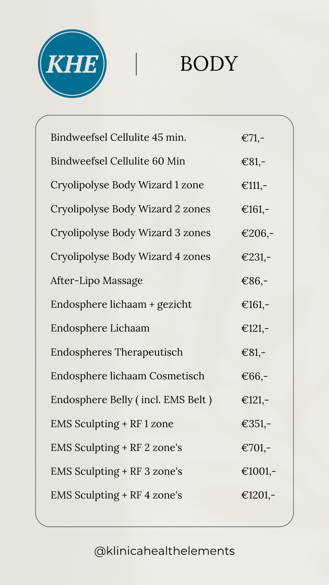 Prijslijst Klinica Health Elements